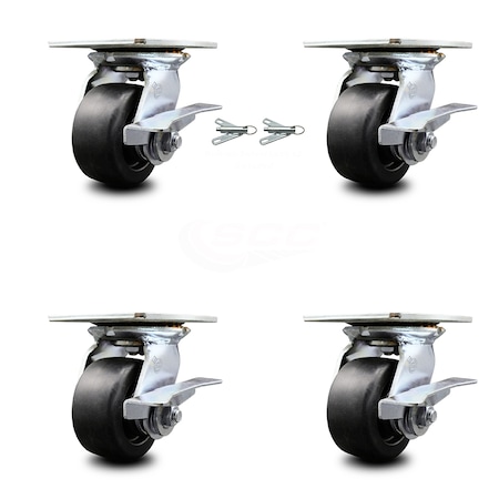 Service Caster 4 Inch Polyolefin Caster Set with Roller Bearing 4 Brake and 2 Swivel Lock SCC SCC-35S420-POR-SLB-BSL-2-SLB-2